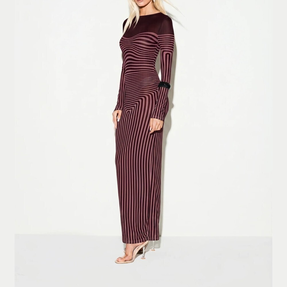 Burgundy Striped Illusion Print Long Sleeve Bodycon Sheer Maxi Dress